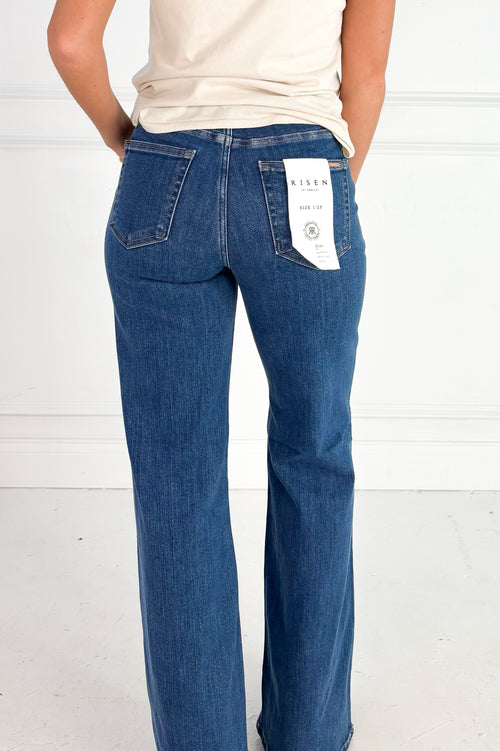 Risen High Rise Wide Flare Button Detail Jeans