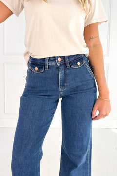 Risen High Rise Wide Flare Button Detail Jeans