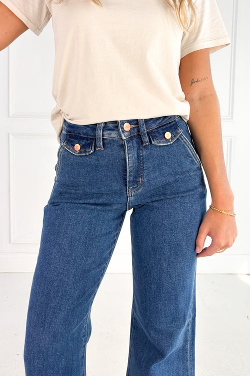 Risen High Rise Wide Flare Button Detail Jeans