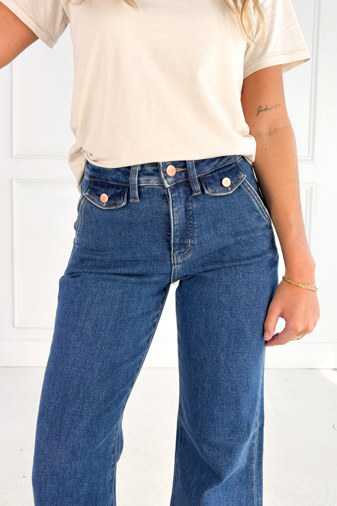 Risen High Rise Wide Flare Button Detail Jeans