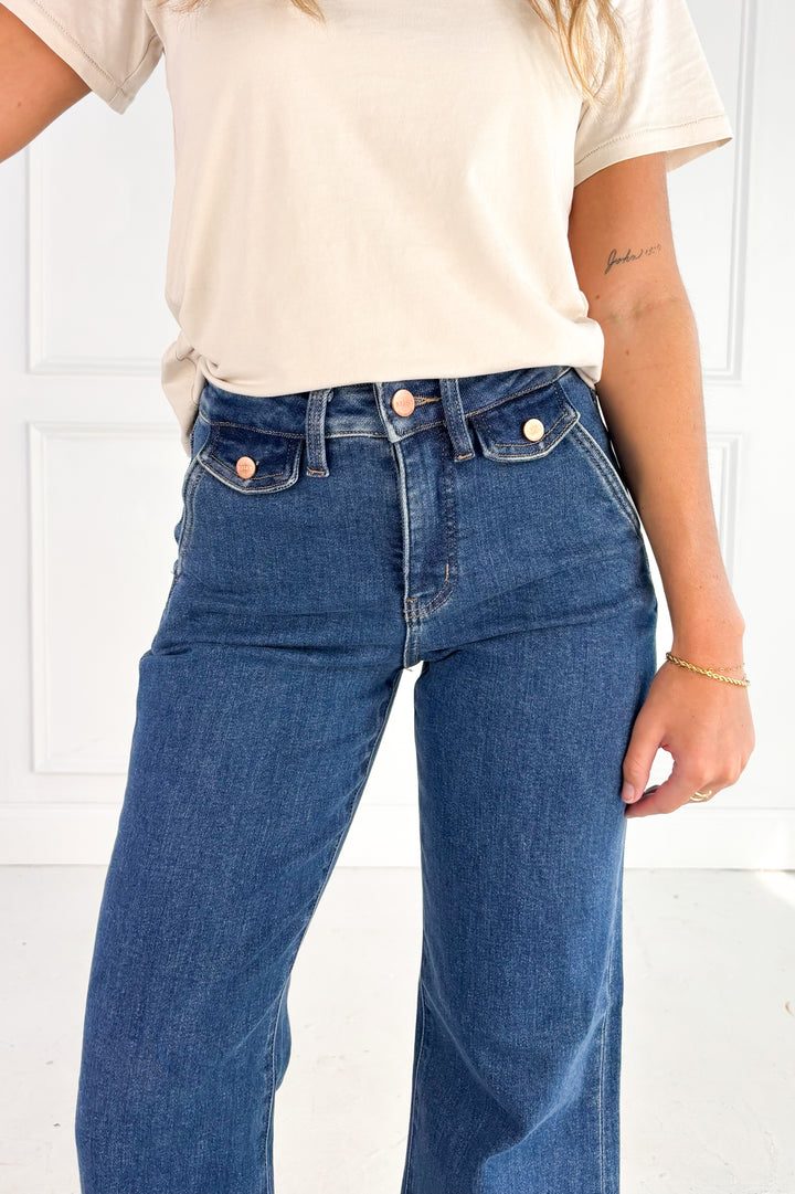 Risen High Rise Wide Flare Button Detail Jeans