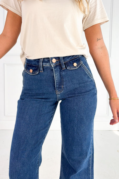 Risen High Rise Wide Flare Button Detail Jeans