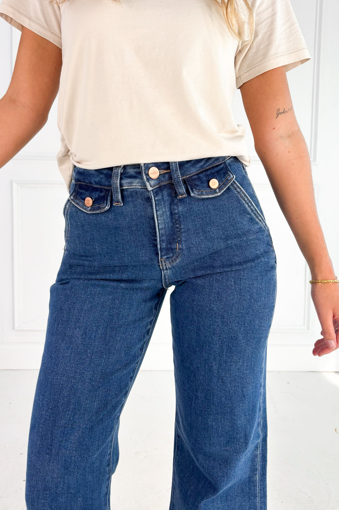 Risen High Rise Wide Flare Button Detail Jeans