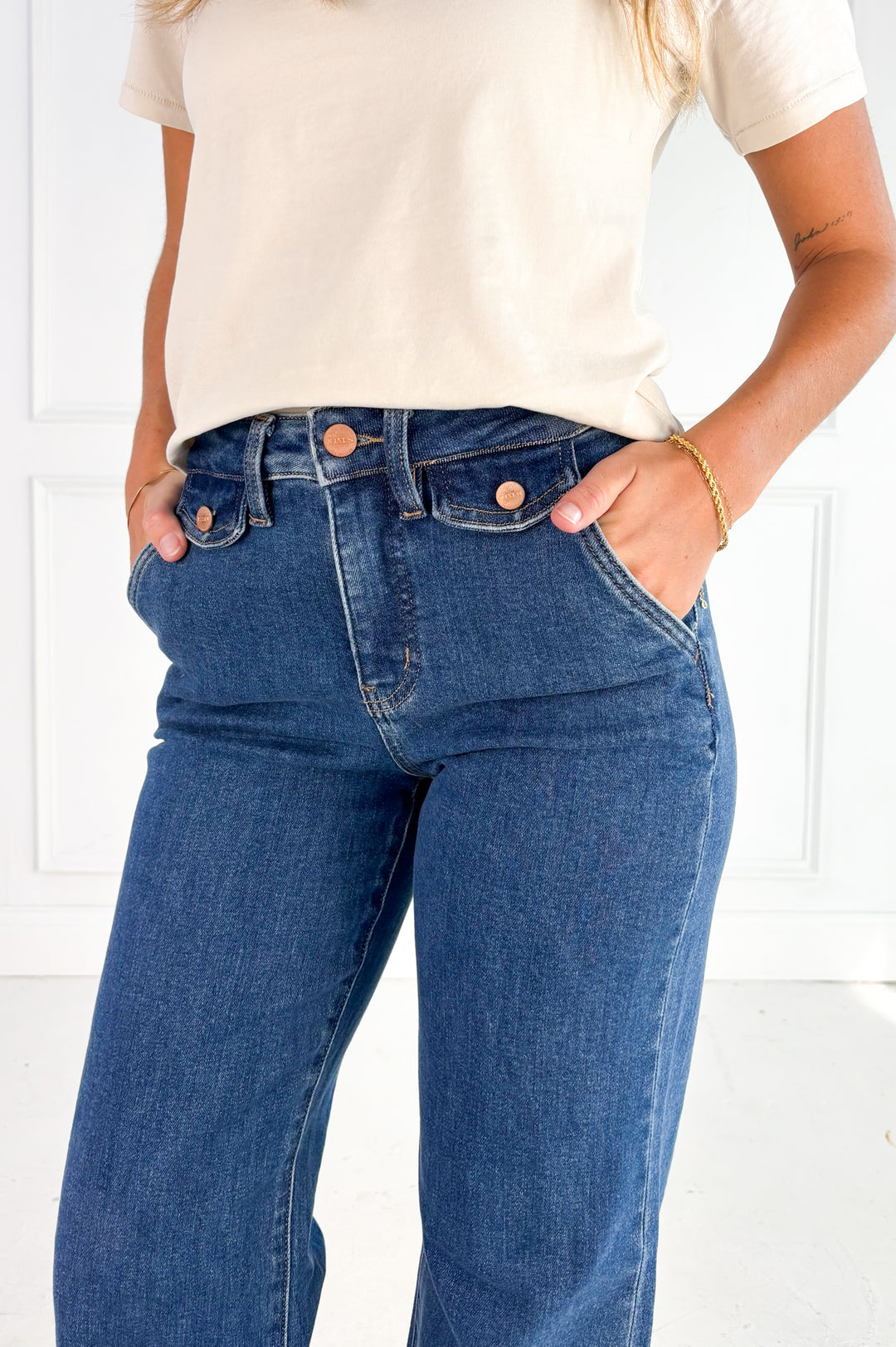 Risen High Rise Wide Flare Button Detail Jeans