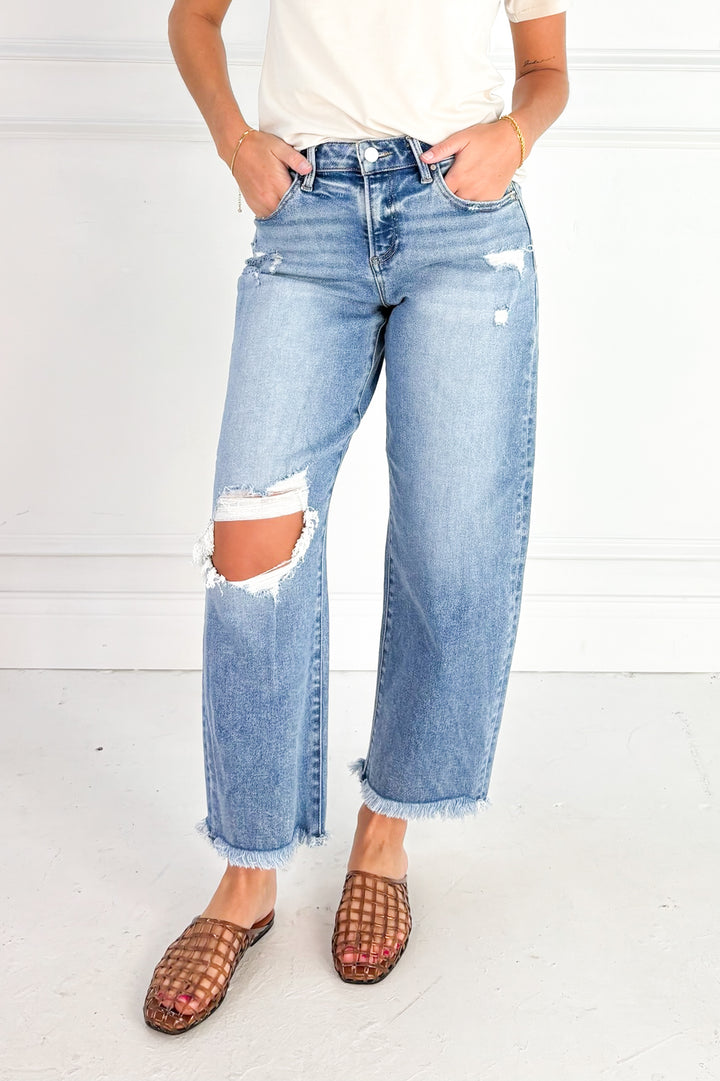 High Rise Crop Barrel Light Distressed Jean
