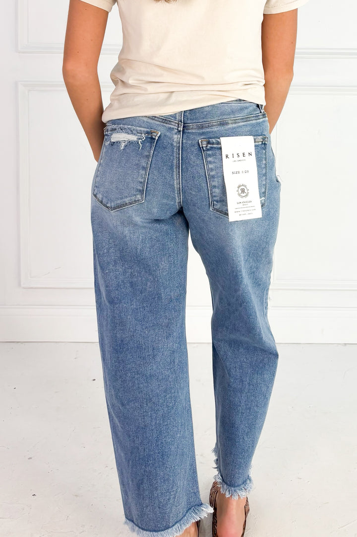 High Rise Crop Barrel Light Distressed Jean