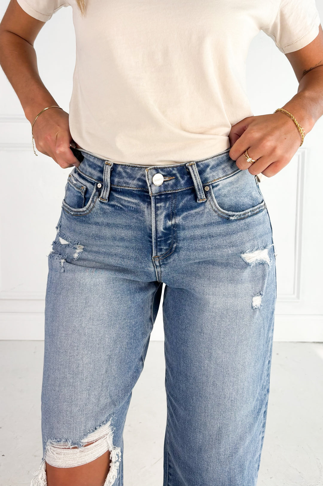 High Rise Crop Barrel Light Distressed Jean