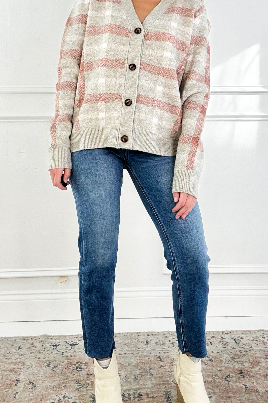 Checkered Button-Down V-Neck Cardigan