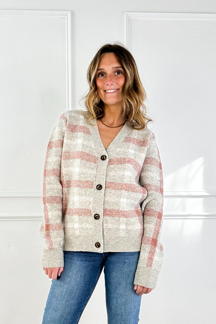 Checkered Button-Down V-Neck Cardigan