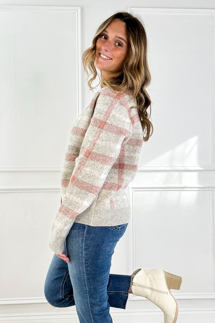 Checkered Button-Down V-Neck Cardigan