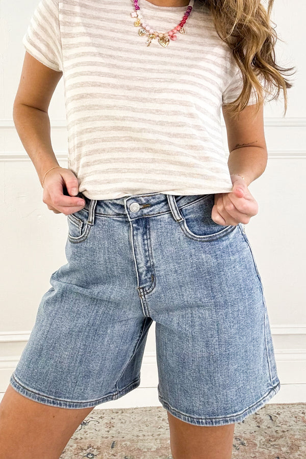 Stretch High Waist Bermuda Denim Mom Shorts