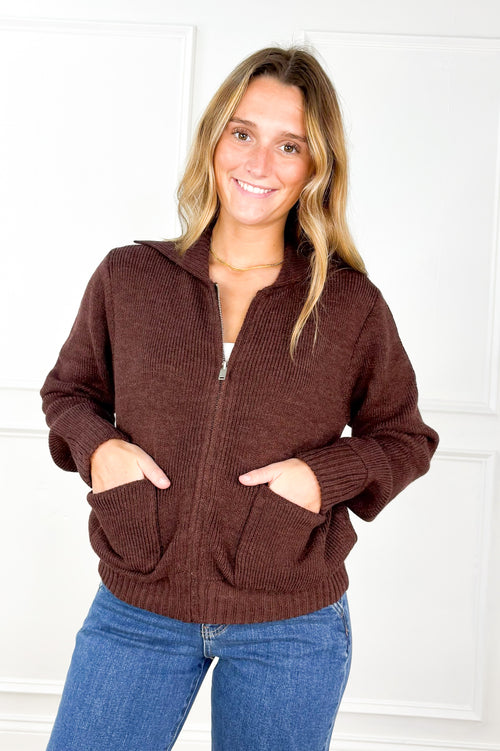 Cozy Funnel Neck Zip-Up Sweater – Dark Chocolate