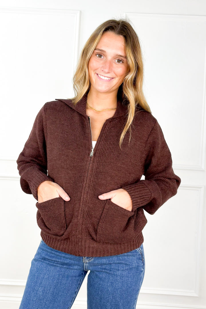 Cozy Funnel Neck Zip-Up Sweater – Dark Chocolate