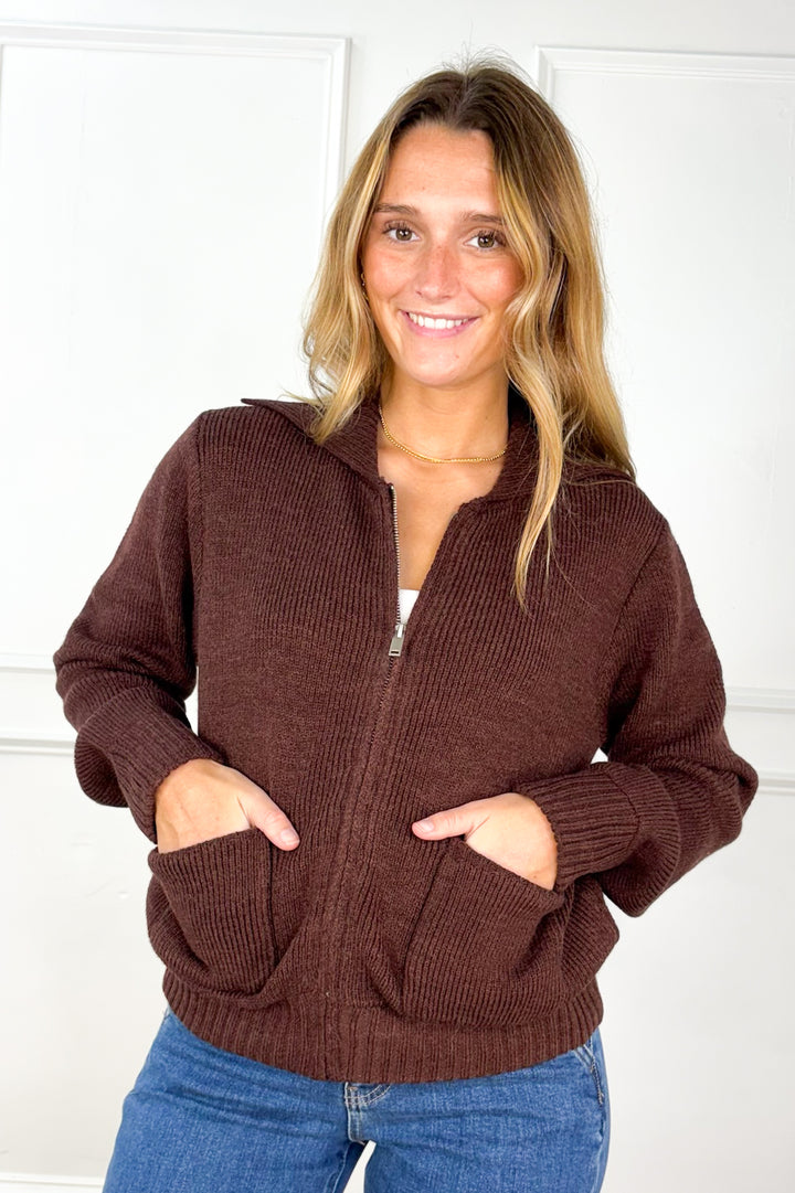 Cozy Funnel Neck Zip-Up Sweater – Dark Chocolate