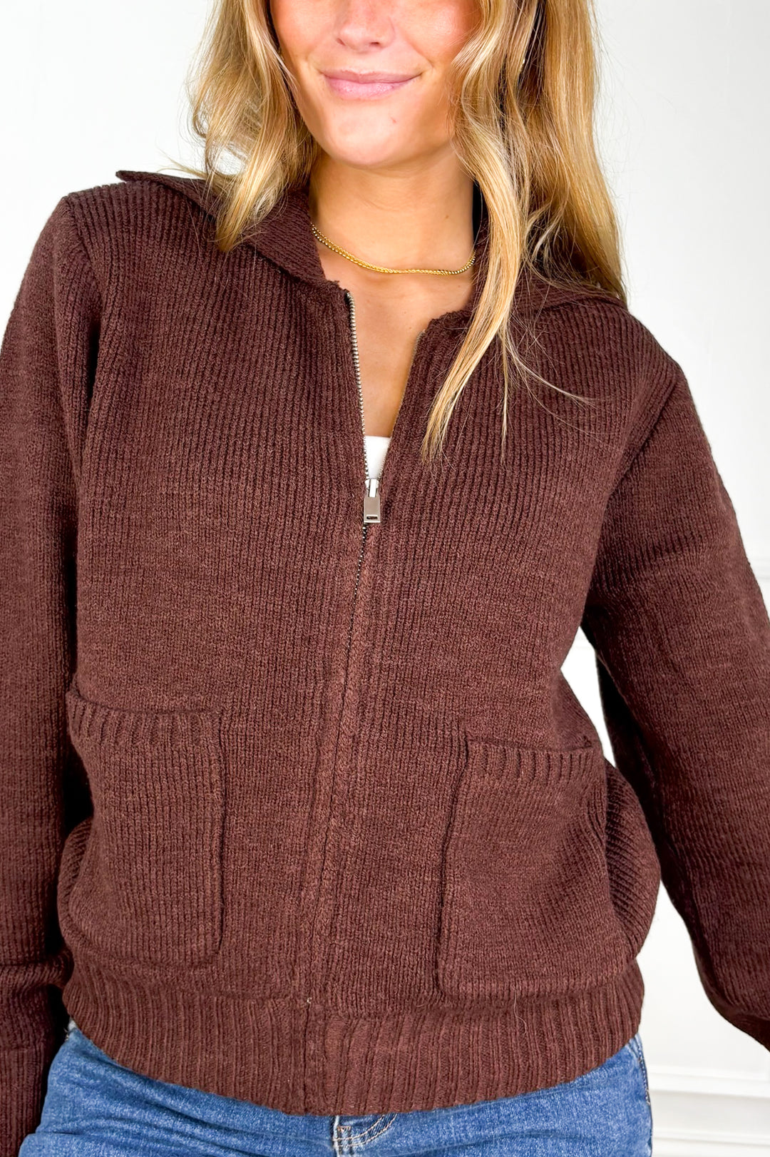 Cozy Funnel Neck Zip-Up Sweater – Dark Chocolate