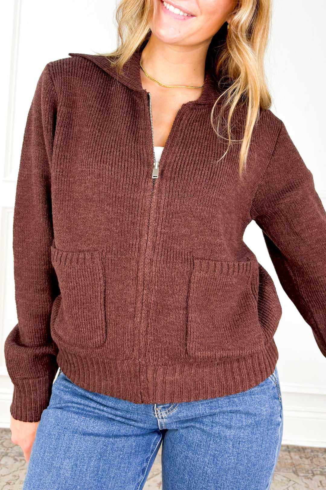 Cozy Funnel Neck Zip-Up Sweater – Dark Chocolate