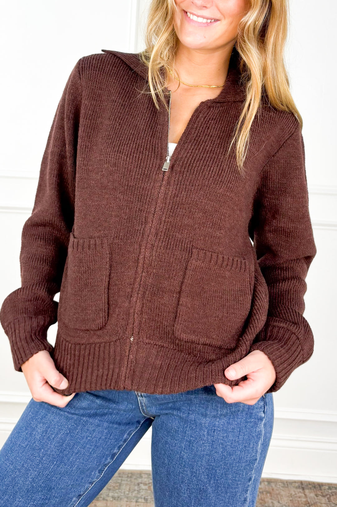 Cozy Funnel Neck Zip-Up Sweater – Dark Chocolate