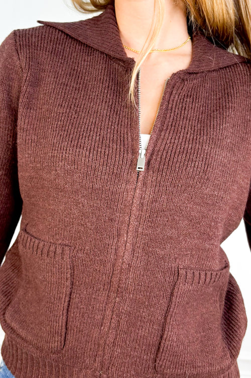 Cozy Funnel Neck Zip-Up Sweater – Dark Chocolate