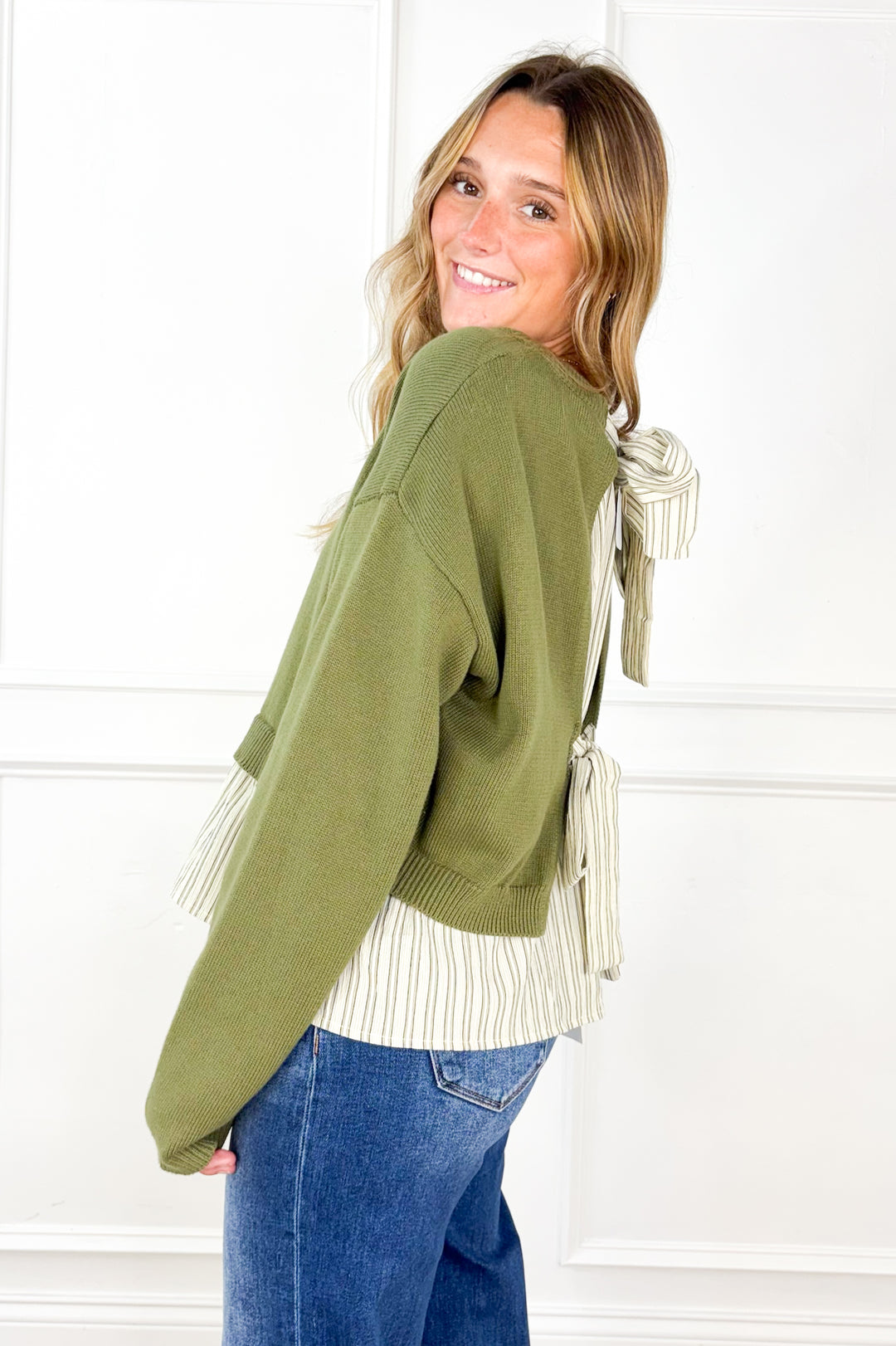 Olive You More Bow Back Sweater