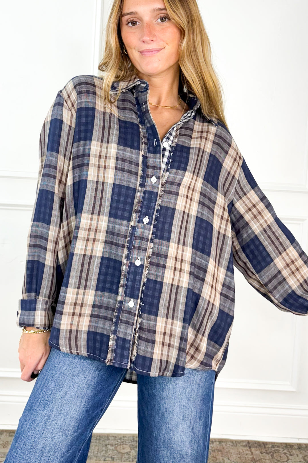 Everyday Charm Double Gauze Plaid Button Down