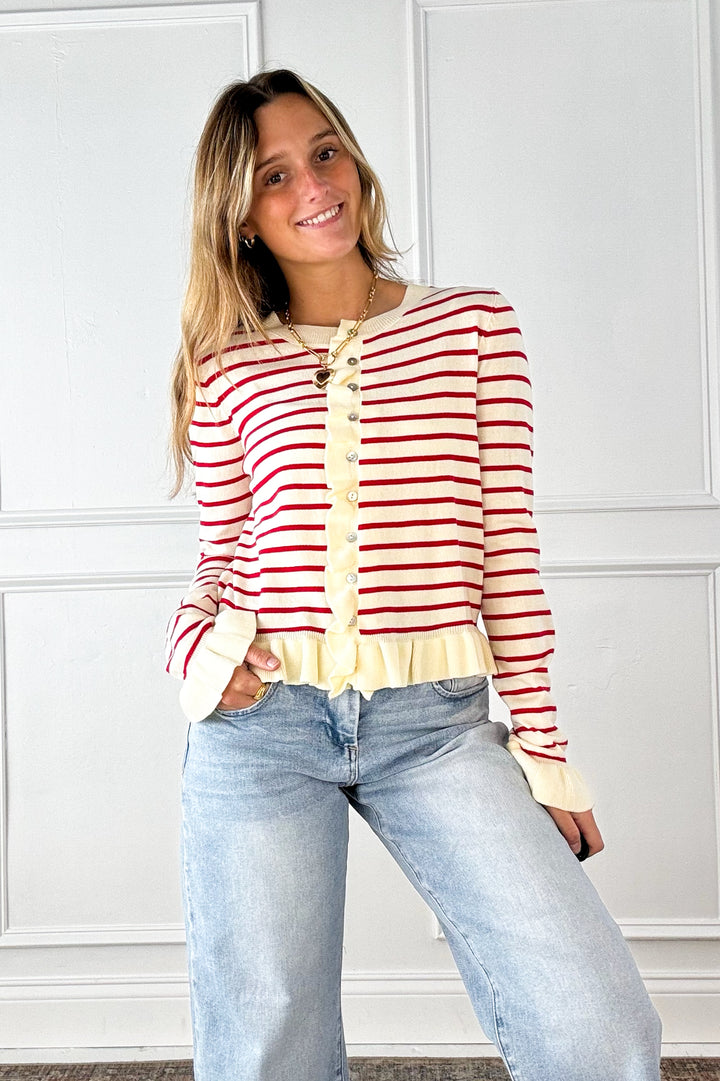 Cherry Stripe Ruffle Trim Cardigan
