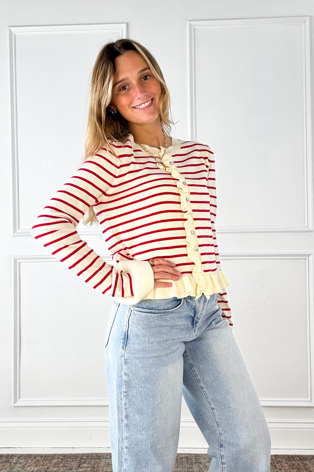 Cherry Stripe Ruffle Trim Cardigan