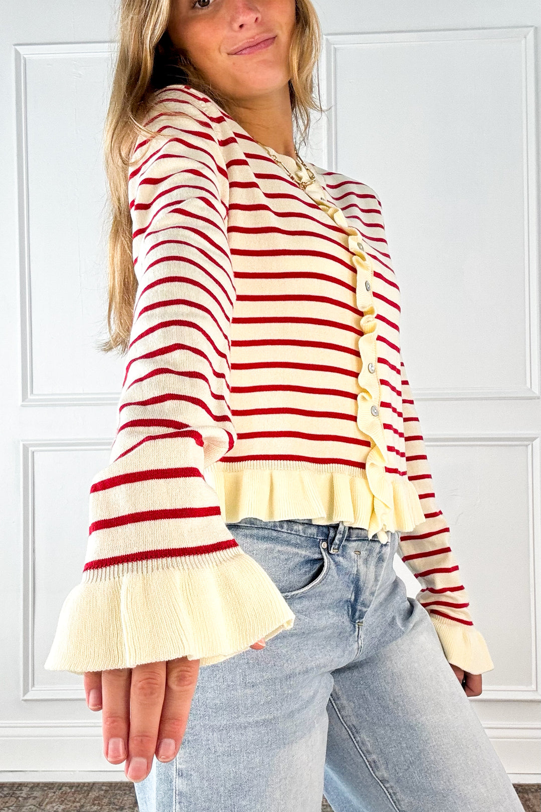 Cherry Stripe Ruffle Trim Cardigan