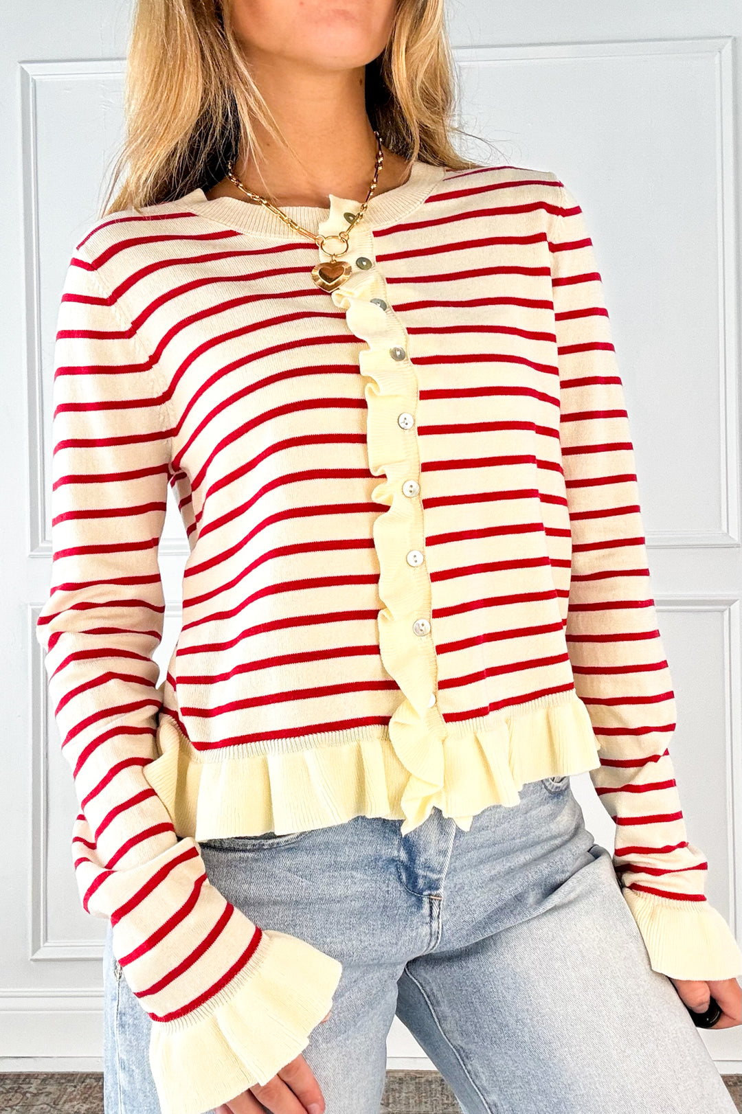 Cherry Stripe Ruffle Trim Cardigan