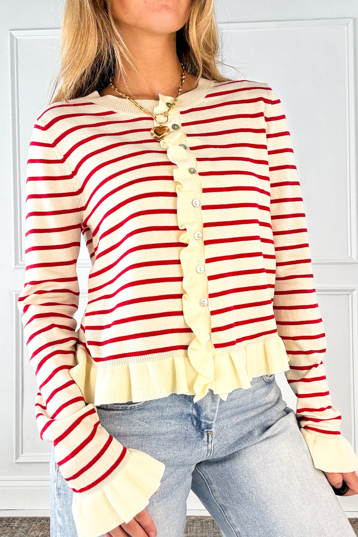 Cherry Stripe Ruffle Trim Cardigan