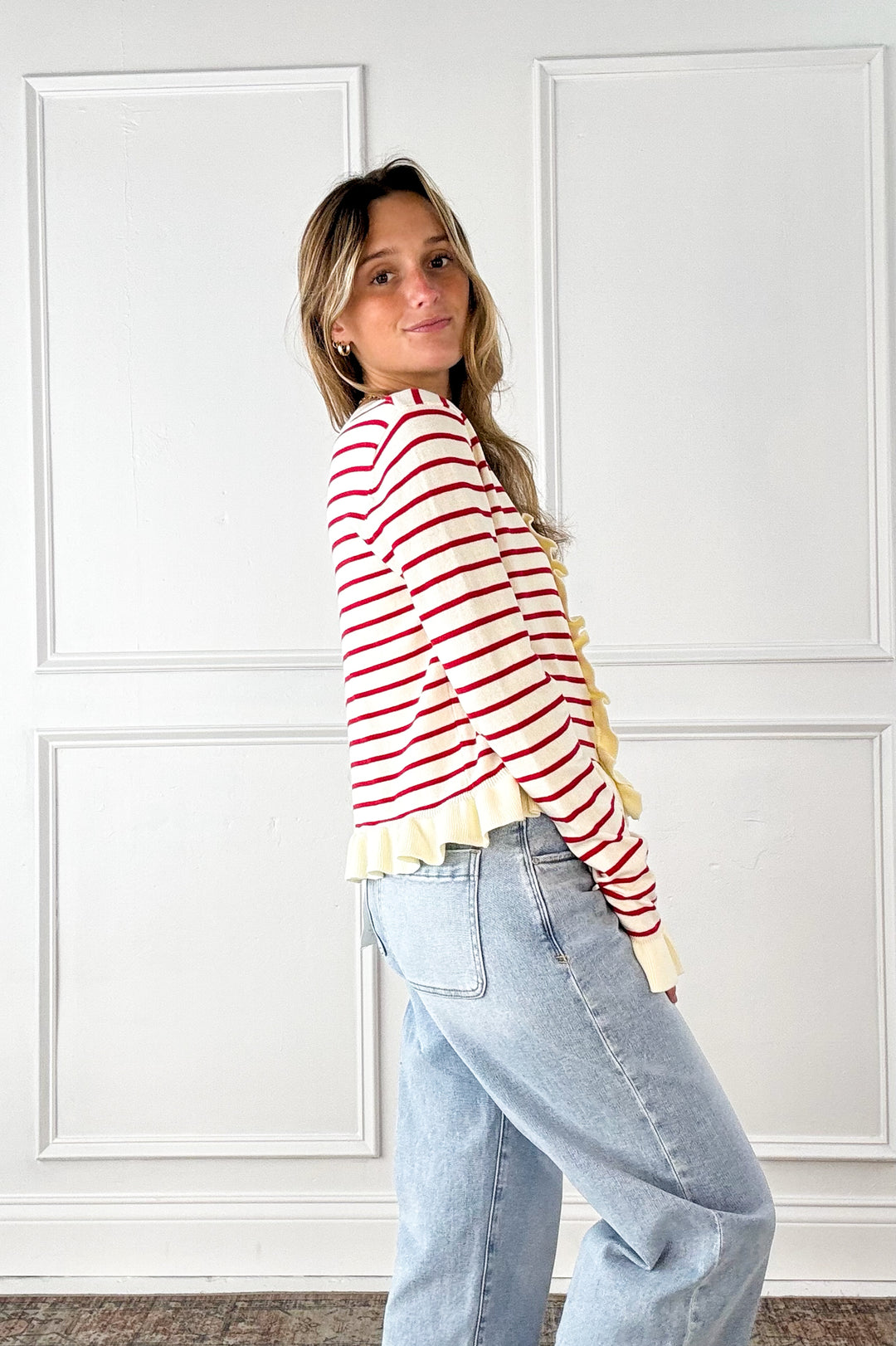 Cherry Stripe Ruffle Trim Cardigan