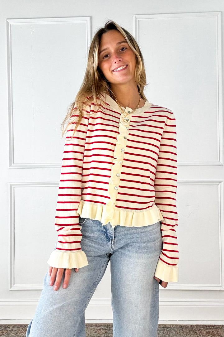 Cherry Stripe Ruffle Trim Cardigan
