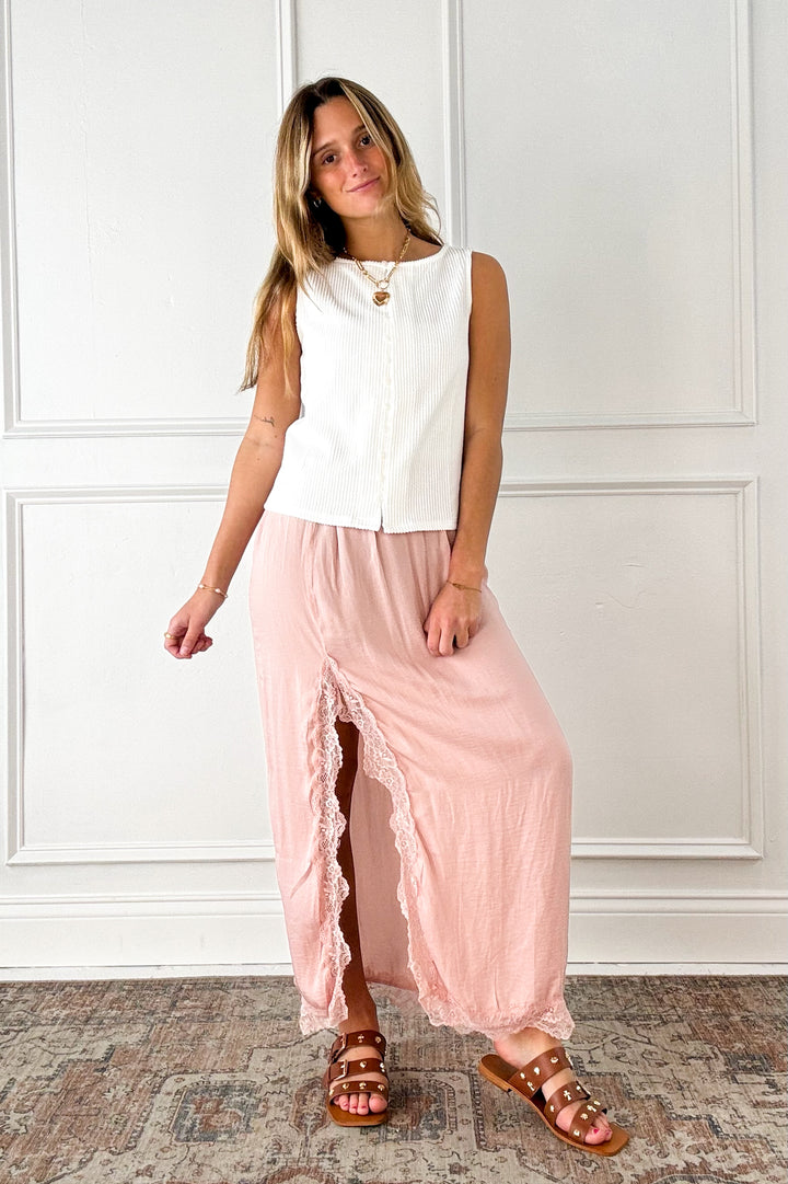 Blush Lace Trim Satin Midi Skirt