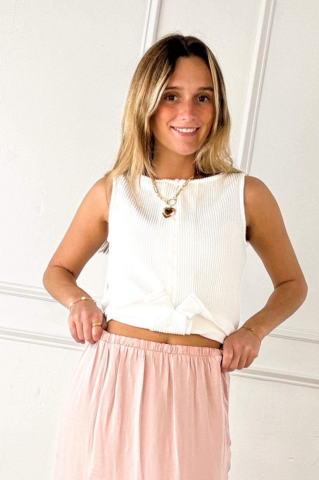 Blush Lace Trim Satin Midi Skirt
