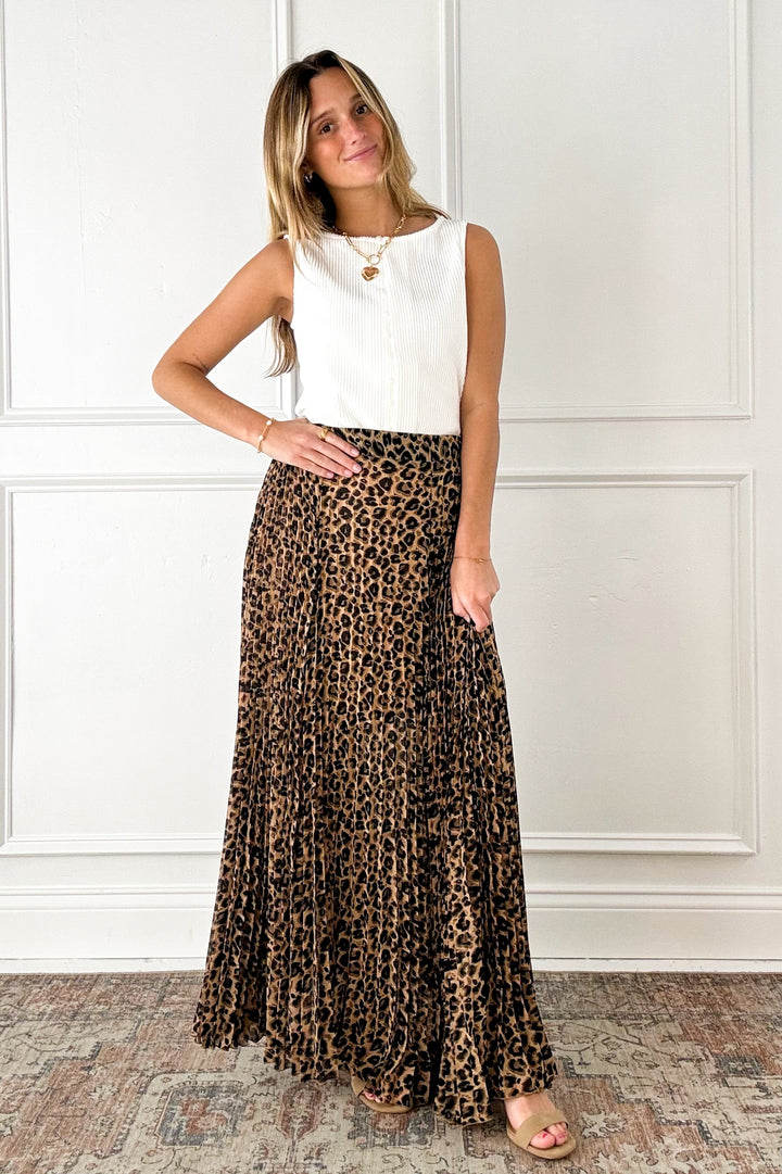 Leopard Print Pleated Flowy A-Line Midi Skirt