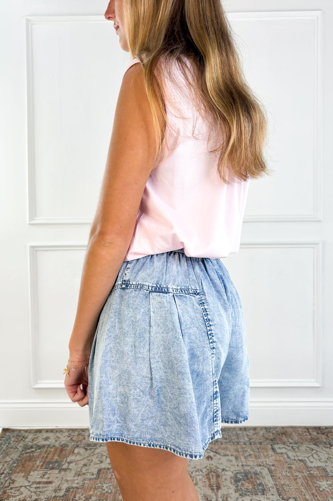 Tencel Denim Elastic Waist Pintuck Wide Leg Short