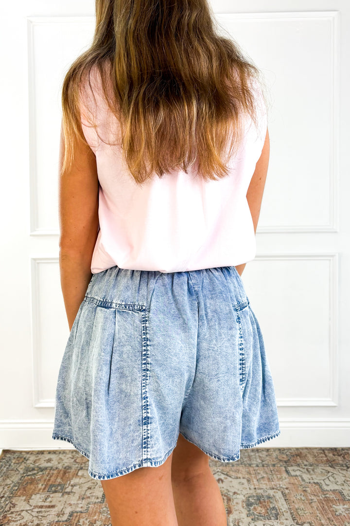 Tencel Denim Elastic Waist Pintuck Wide Leg Short