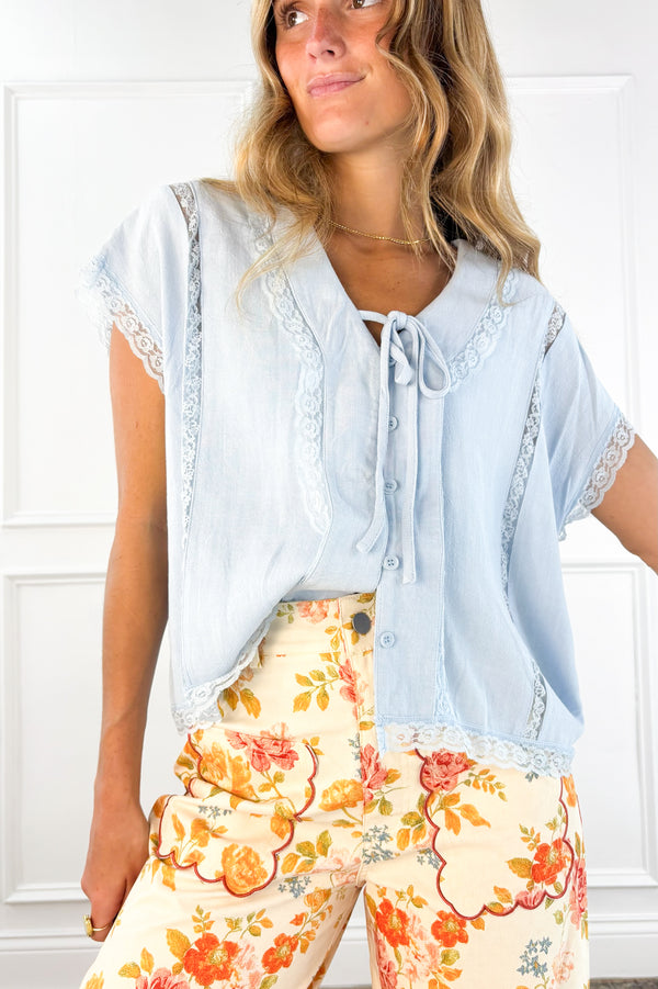 Linen Tie Front Oversized Top with Lace Accent