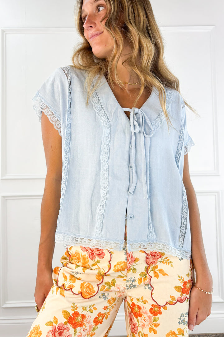 Linen Tie Front Oversized Top with Lace Accent