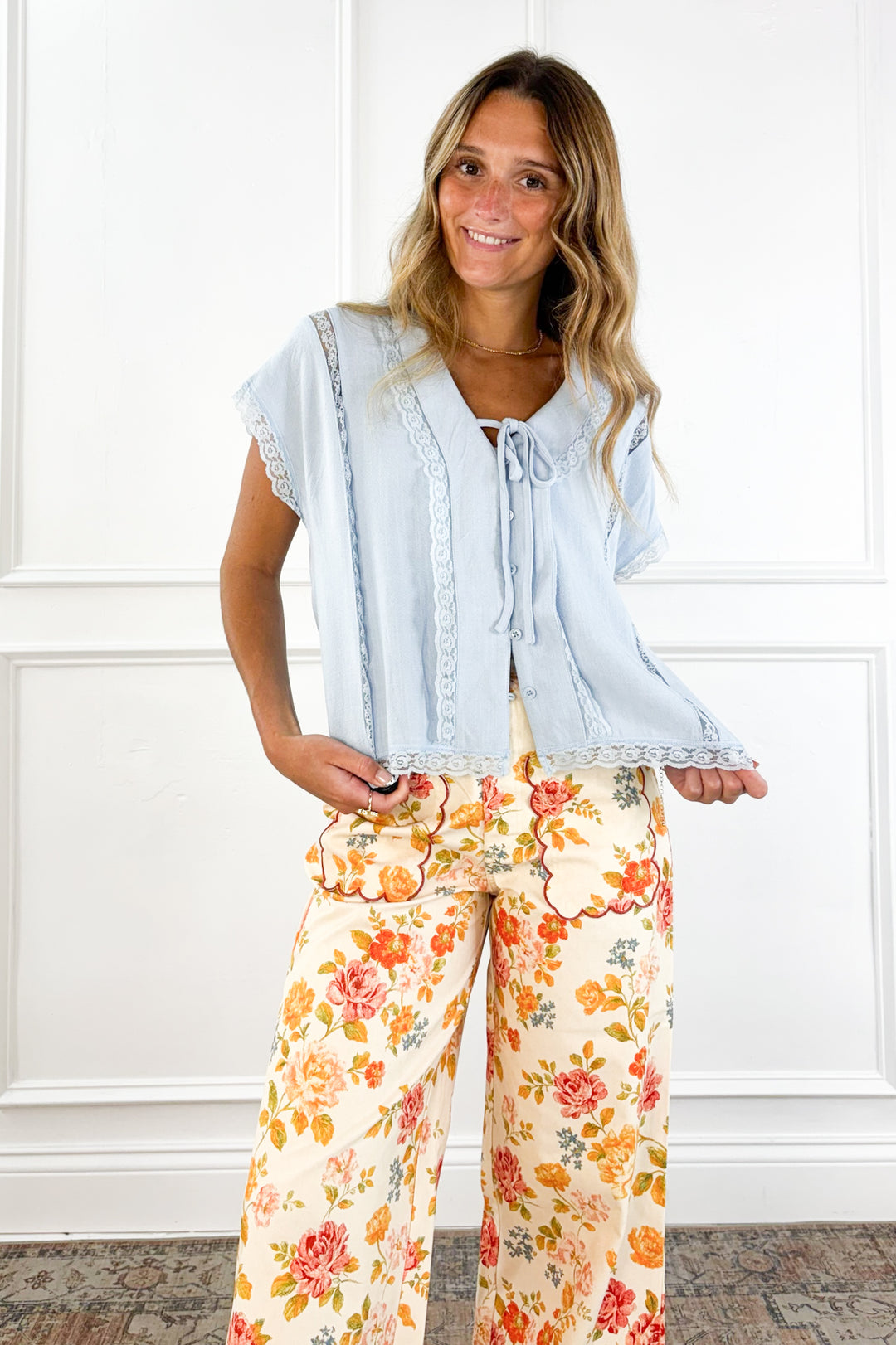 Linen Tie Front Oversized Top with Lace Accent