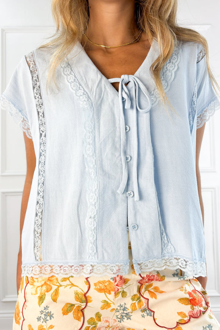 Linen Tie Front Oversized Top with Lace Accent