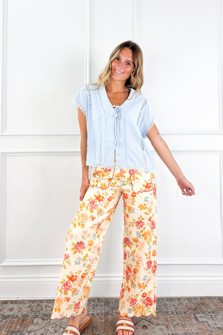Linen Tie Front Oversized Top with Lace Accent