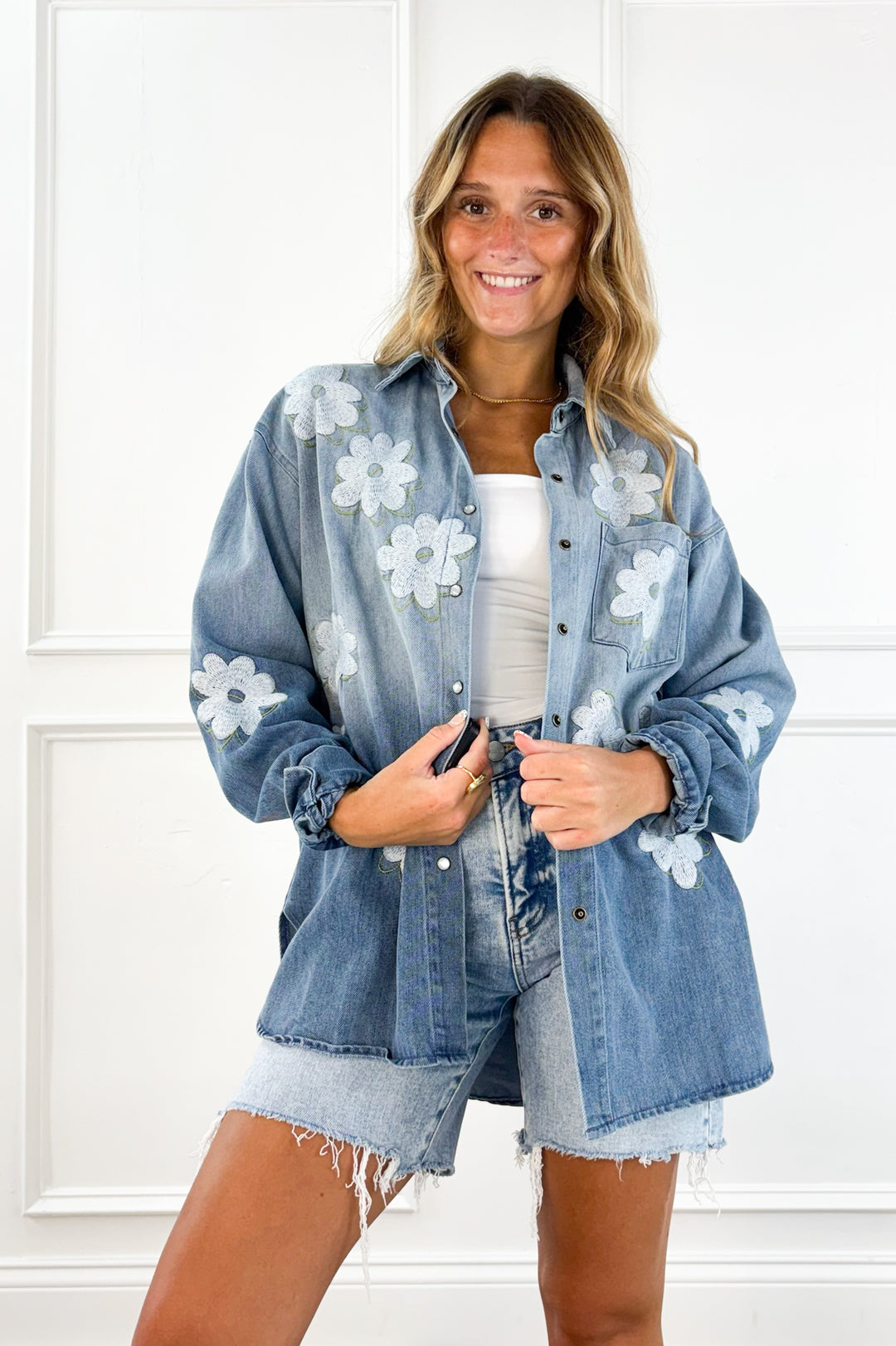 Floral Embroidered Chambray Button Jacket