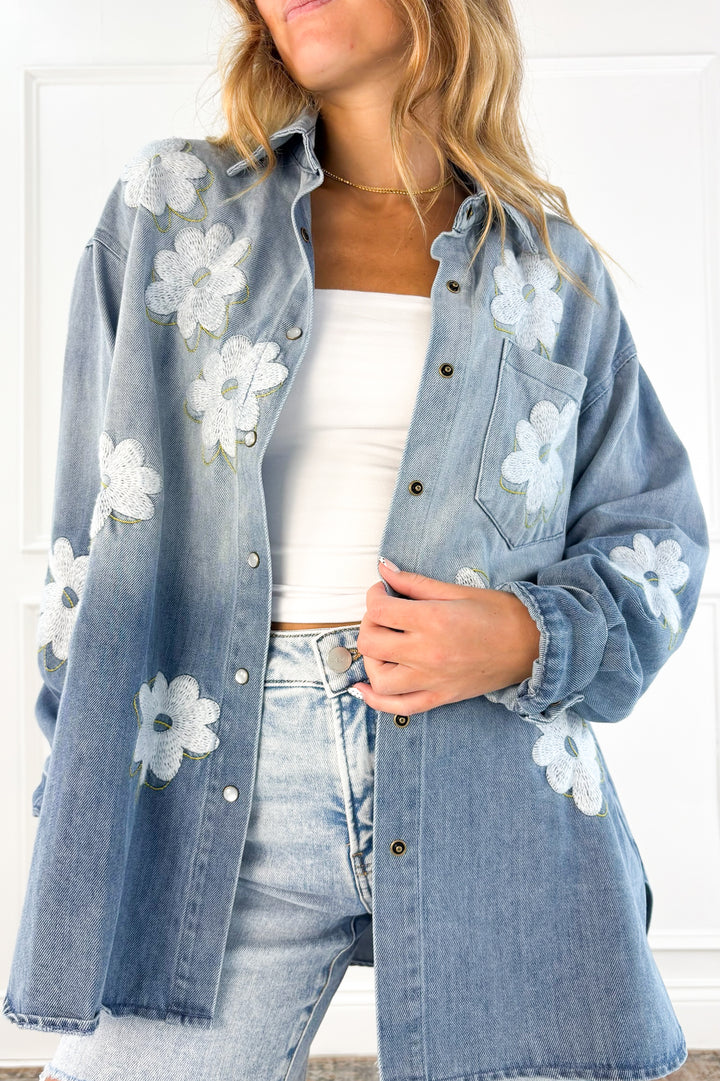 Floral Embroidered Chambray Button Jacket