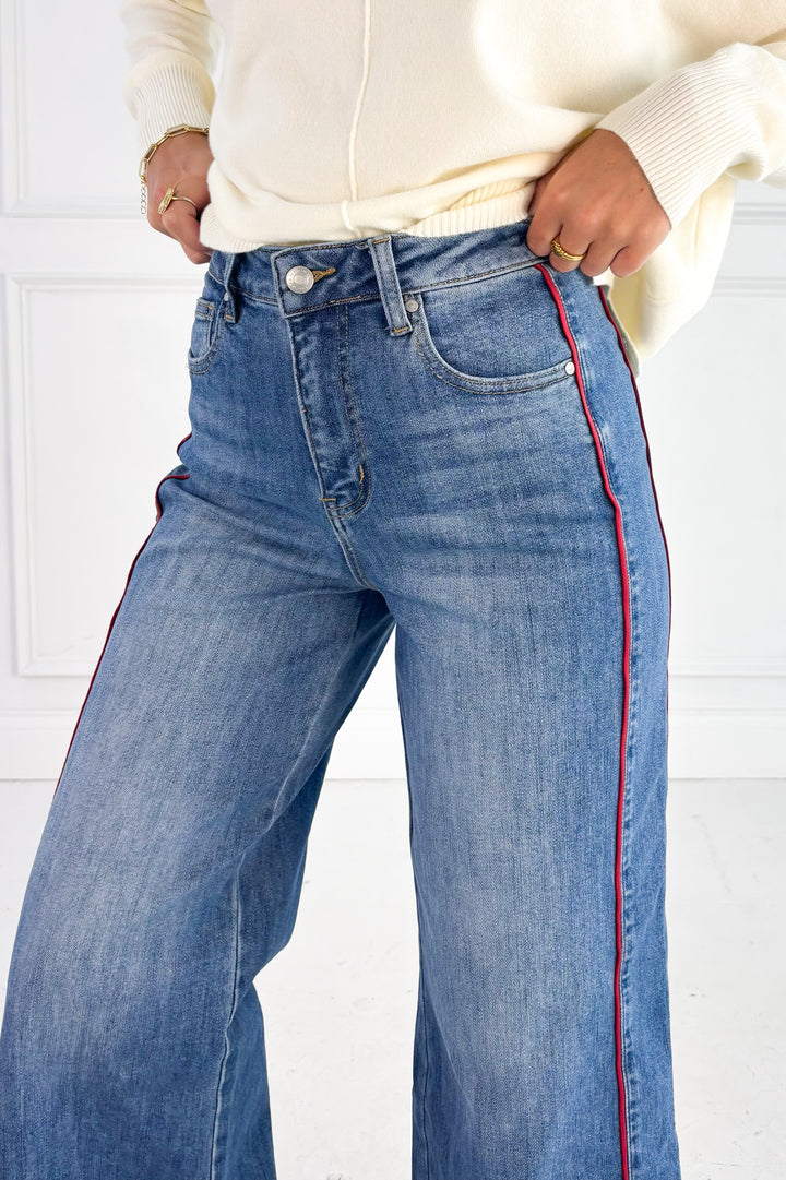 Side Piping Wide Leg Cropped Denim