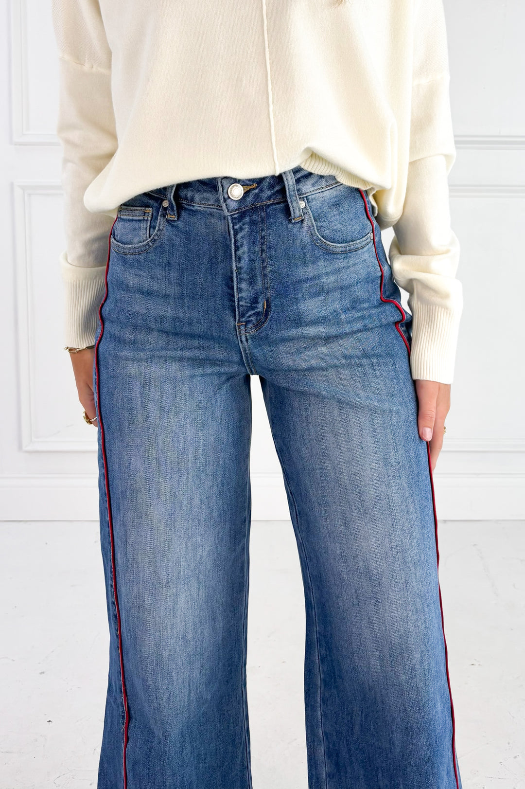 Side Piping Wide Leg Cropped Denim