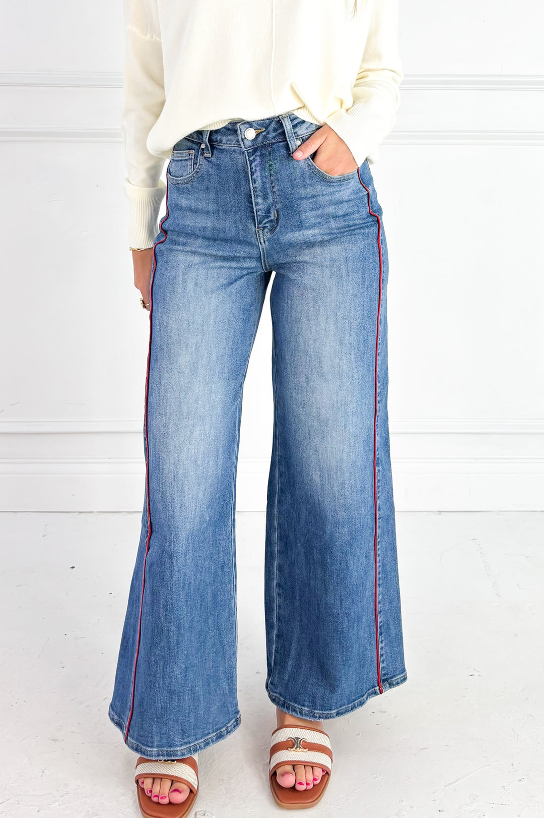 Side Piping Wide Leg Cropped Denim