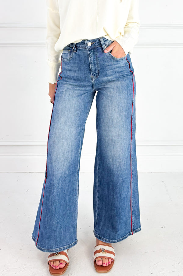 Side Piping Wide Leg Cropped Denim