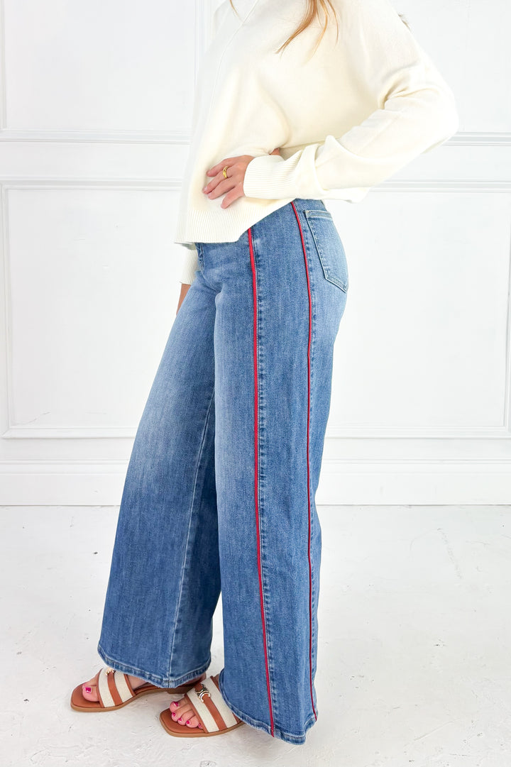 Side Piping Wide Leg Cropped Denim
