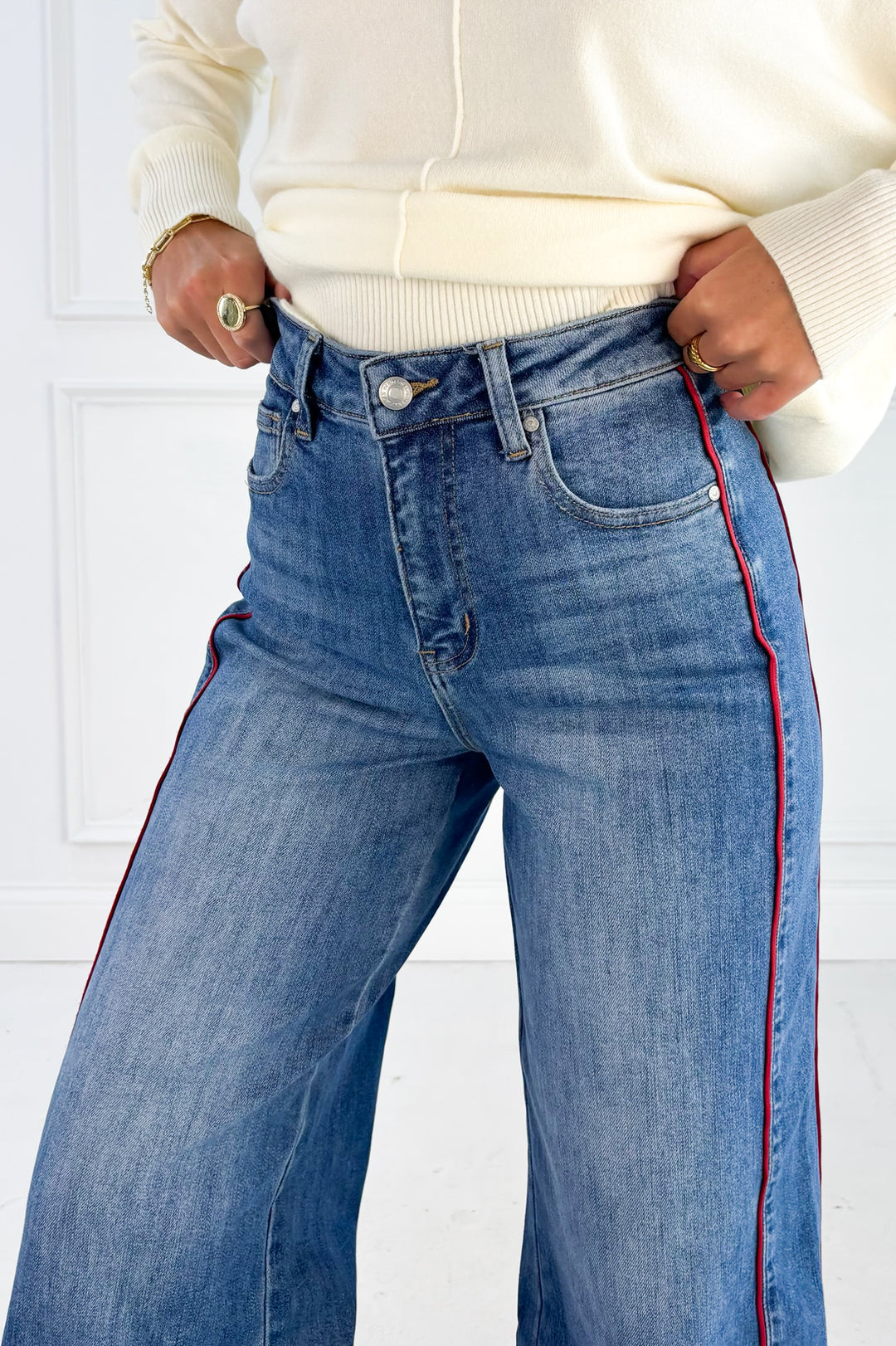 Side Piping Wide Leg Cropped Denim