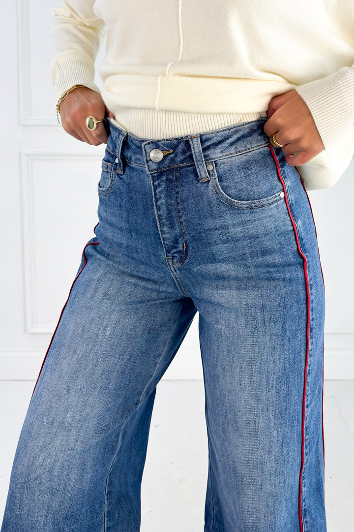 Side Piping Wide Leg Cropped Denim